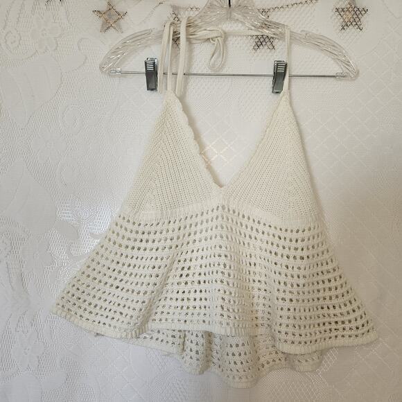 Wild Fable Small Womens Crop Open Knit Crochet Halter Top Scallop Neck Flowy Hem - Picture 1 of 8